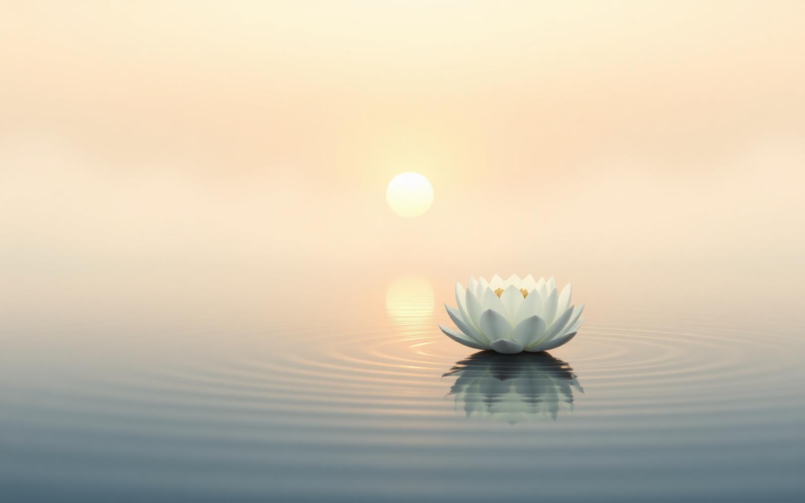 A single white lotus floating on still water at sunrise